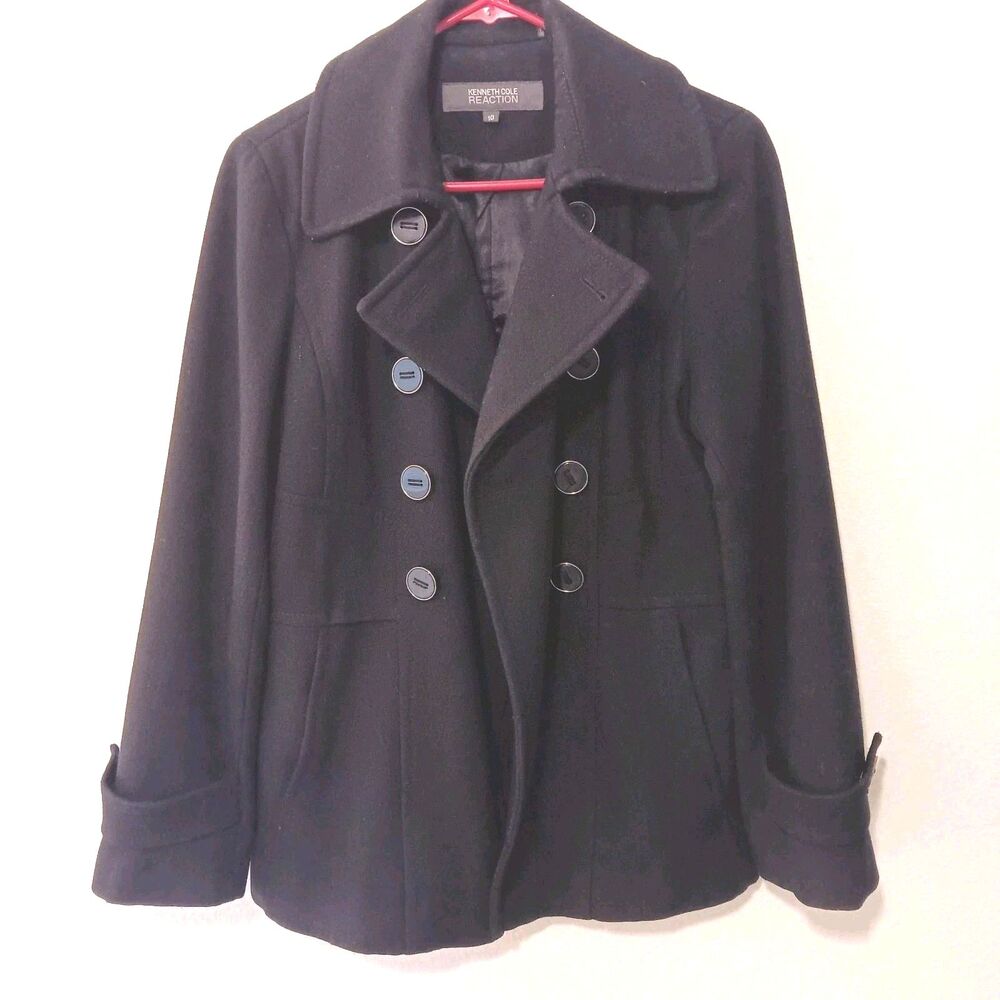 Kenneth Cole Reaction Black Wool Blend Double Breasted Peacoat Women's Sz 10